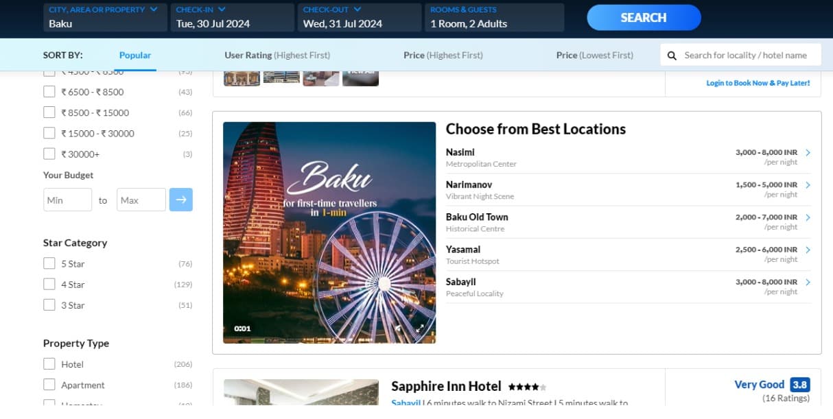 MakeMyTrip Baku search result with destination location guidance